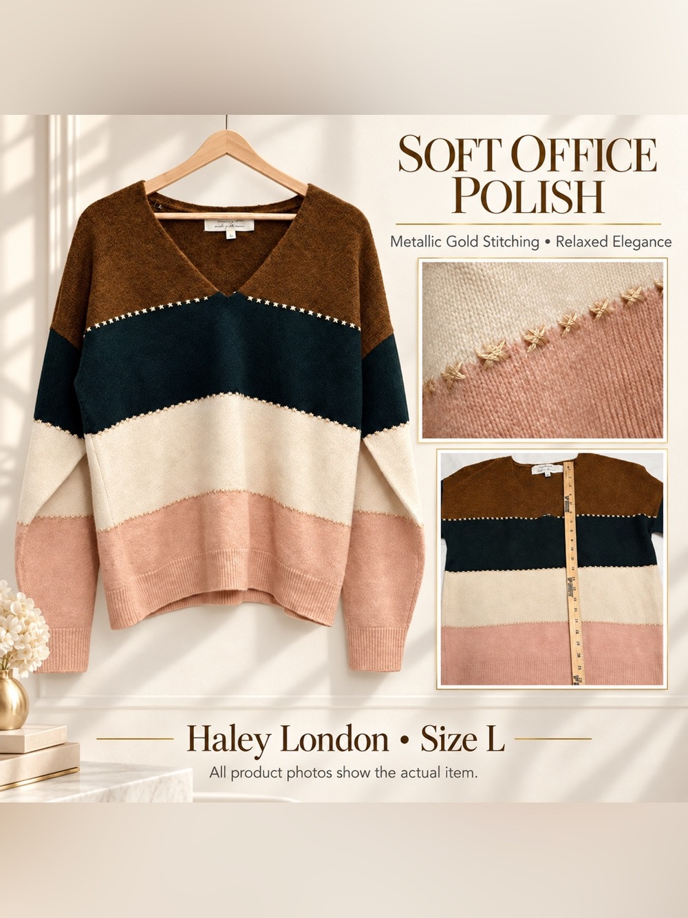 Haley London Colorblock V Neck Sweater Sz L Gold Stitch Soft Office Quiet Luxury